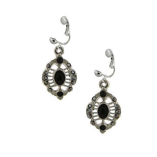 1928 Jewelry Jet Black Enamel Hematite Stone Accent Clip-On Earrings for Women - Vintage Style Statement Earrings for Parties, Weddings & Special Occasions