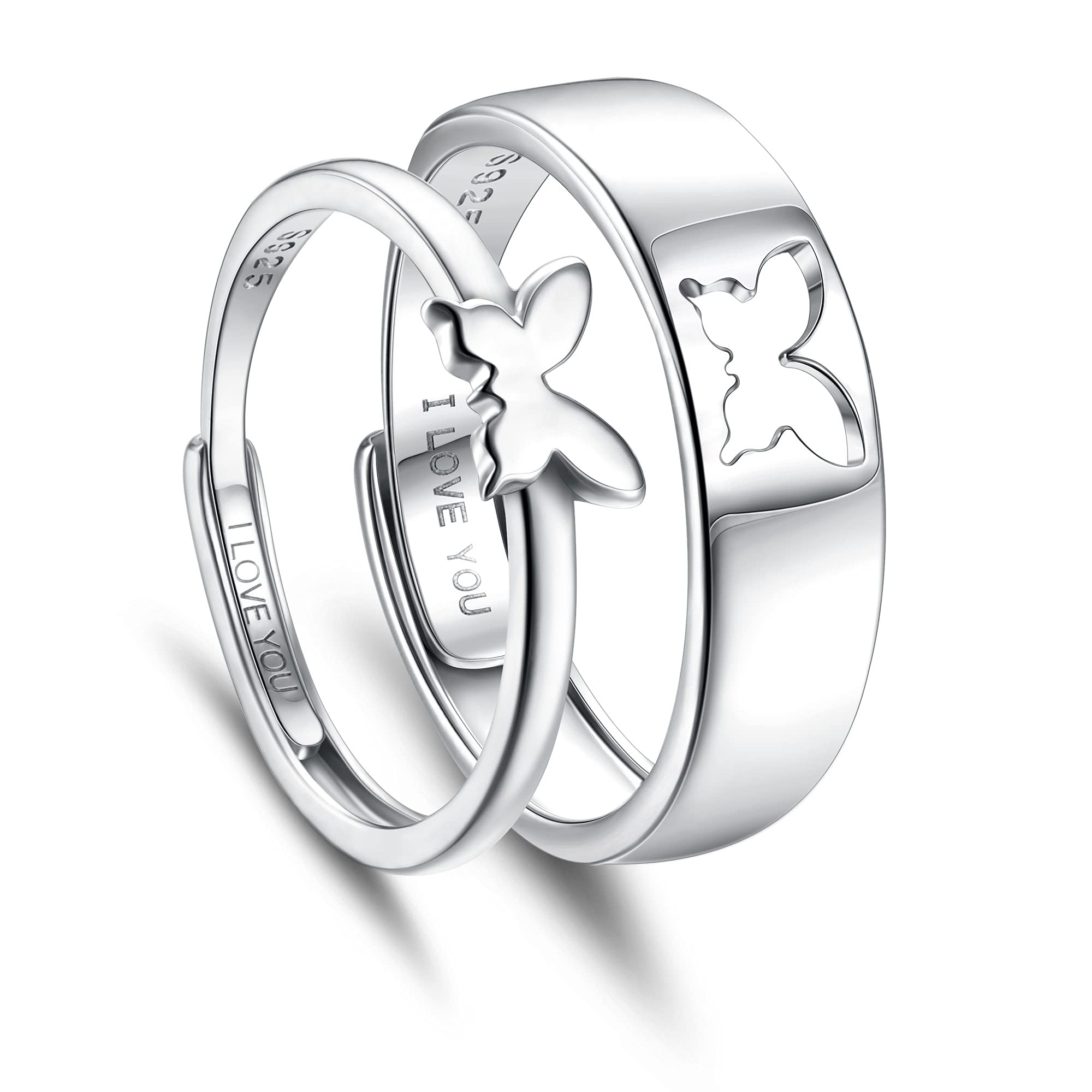 Sterling Silver Butterfly Promise Rings for Couples - Adjustable Matching Engagement Rings for Men & Women - Perfect for Anniversaries, Weddings, and Romantic Gifts