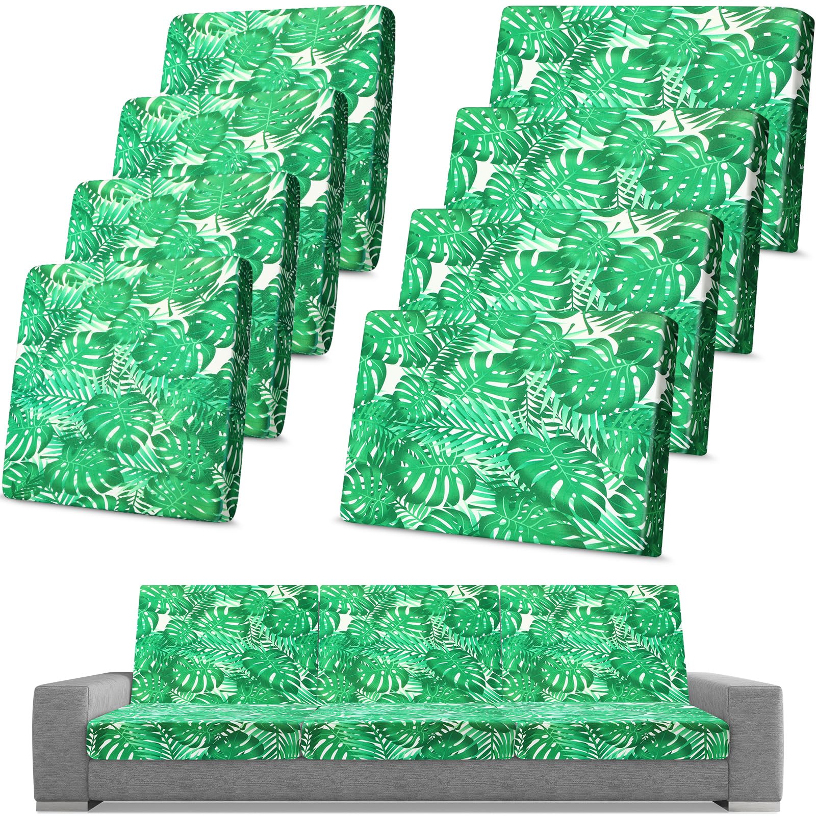 **Spiareal 8-Piece Waterproof Outdoor Sofa Cover Set - Stretch Patio Cushion Covers with 4 Backrest & 4 Seat Protectors - Durable Furniture Protector for Rain, Sun & Dust (Monstera Leaf Design) - Perfect for Garden, Deck, Poolside & Patio Furniture**
