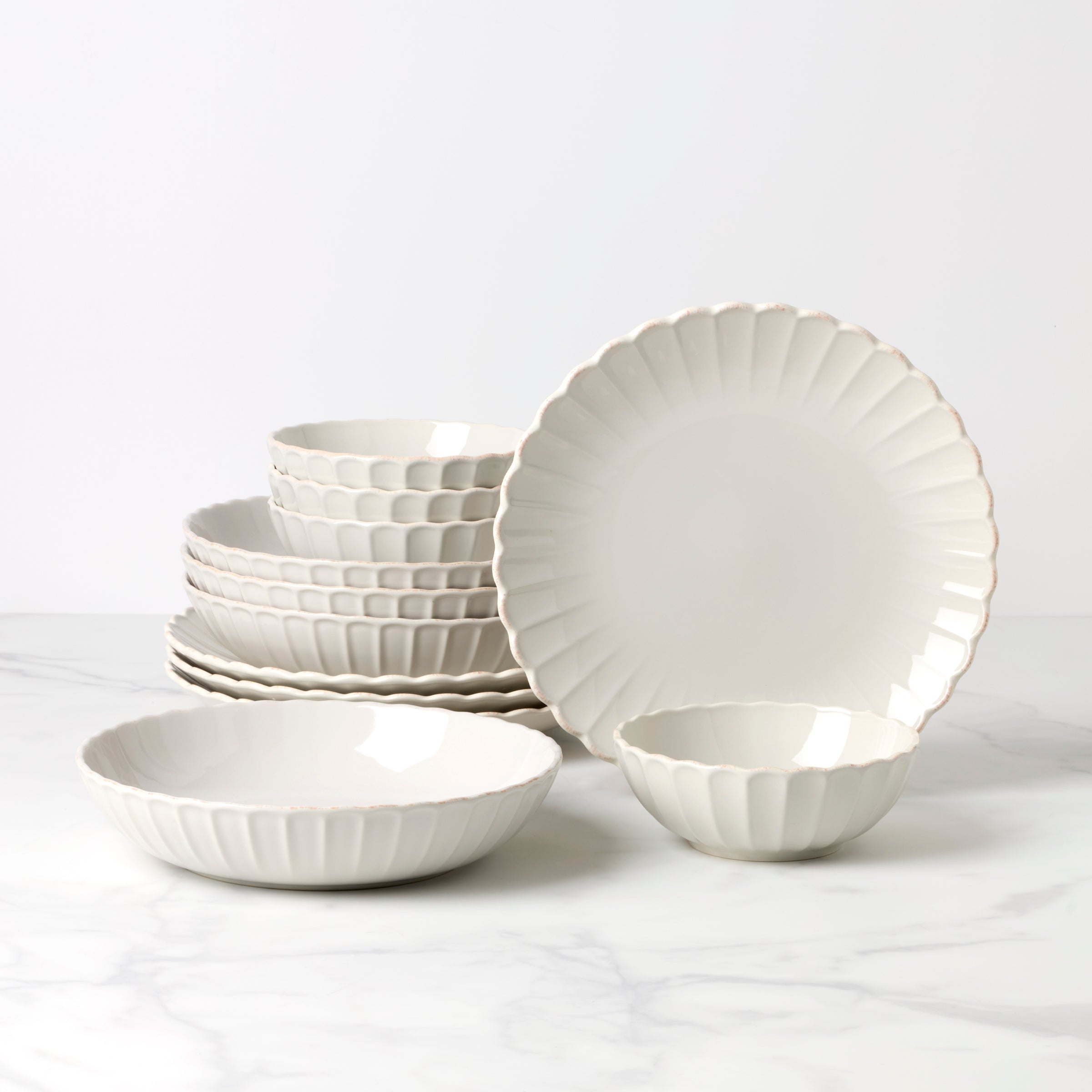 12-Piece French Perle Scallop White Dinnerware Set - Elegant Porcelain Tableware for Formal Dining, Wedding Registry & Special Occasions