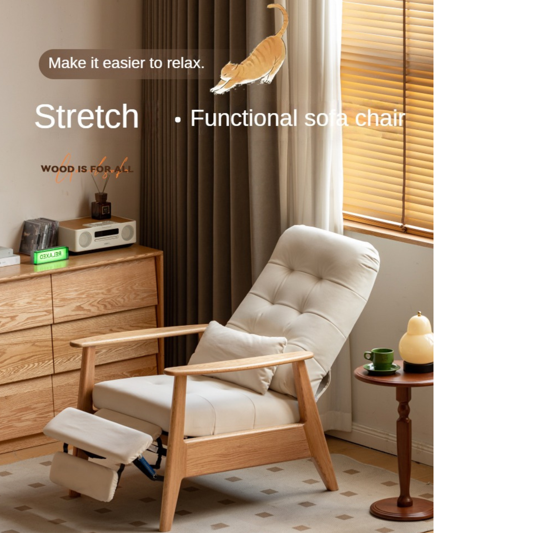 Premium Oak Solid Wood Multifunctional Fabric Lounge Chair - Comfortable Living Room, Bedroom, or Office Seating for Relaxation and Leisure