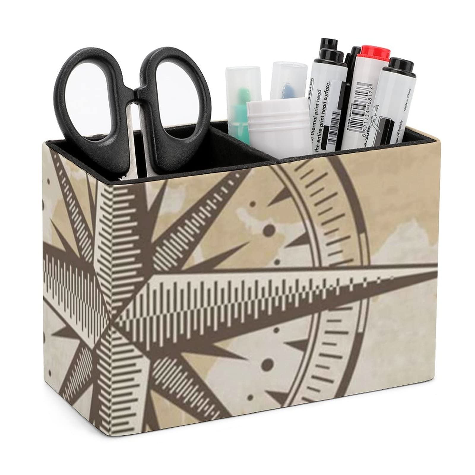 Vintage Nautical Compass Leather Desk Organizer - Old World Map Design Pen Cup with 2 Compartments for Pencils, Makeup Brushes & Office Supplies | Perfect for Home Office, Study Desk & Gift Giving