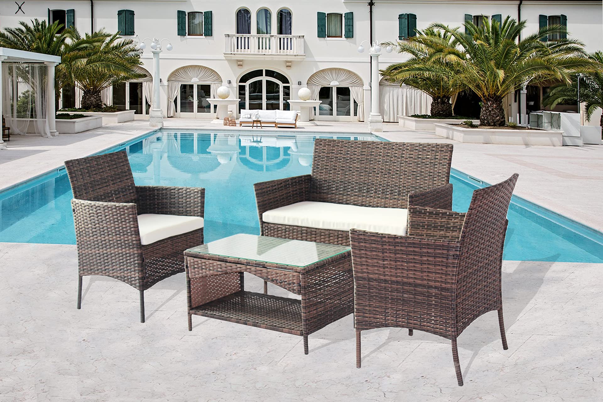 4-Piece Outdoor Patio Conversation Set for 3-4 People, Waterproof PVC Rattan Furniture with Removable Cushions & Coffee Table - Perfect for Garden, Poolside, Porch, Backyard, Balcony & Lawn Relaxation