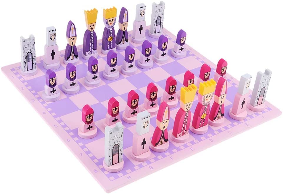 Pink Wooden Chess Set - Cute Cartoon Board Game with Chessboard - Educational Strategy Game for Adults & Kids - Perfect for Family Game Nights & Learning Fun