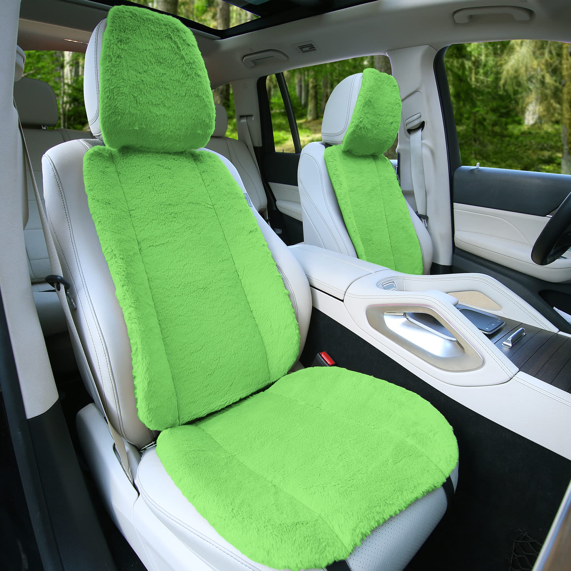 TLH Green Doe16 Faux Rabbit Fur Car Seat Cushions - Ultra Soft & Comfortable for Cars, Trucks, SUVs & Vans - Perfect for Winter Warmth & Long Road Trips