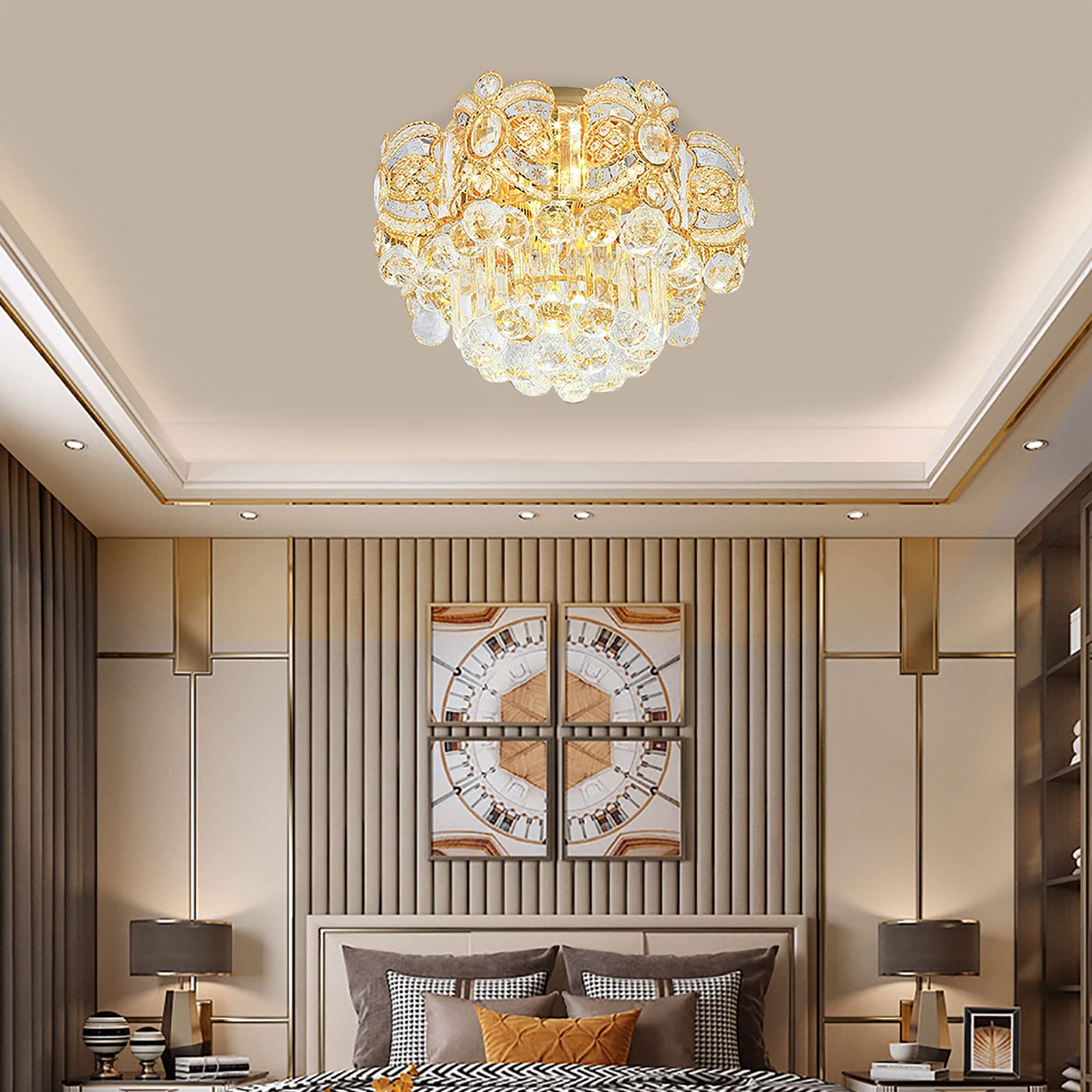 Modern Crystal Ceiling Lamp - 23.62 Inch Gold Chandelier with Remote Control & 3 Color Temperatures | Elegant Lighting Fixture for Living Room, Bedroom, Dining Room | Perfect for Home Decor & Romantic Ambiance
