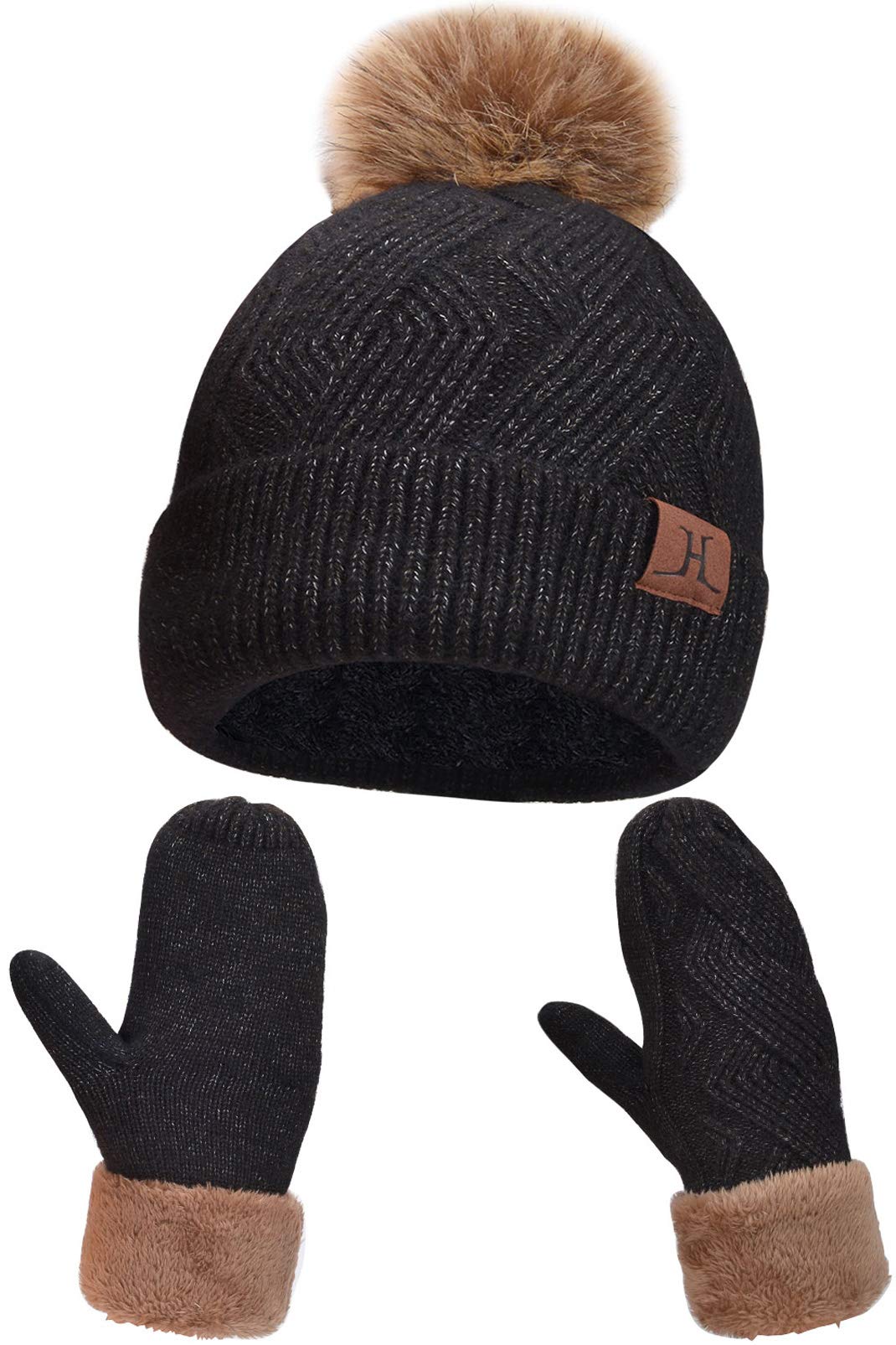 Maylisacc Women's Thermal Winter Beanie & Mittens Set - Double Layer Fleece Lining, Knitted Pom Hat with Faux Fur - Perfect for Skiing, Snowboarding, Cycling & Outdoor Winter Activities