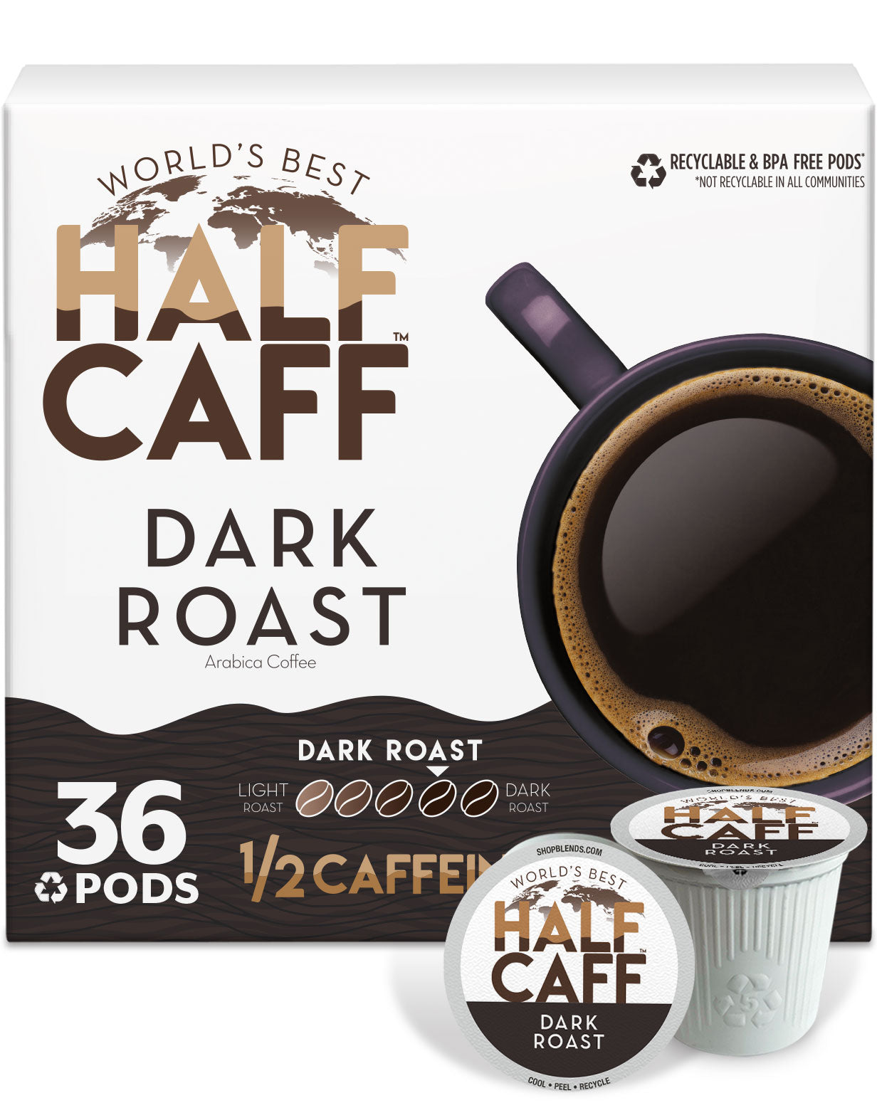 World's Best Half Caffeine Dark Roast Coffee Pods - Compatible with Keurig 2.0 - Perfect for Morning Energy & Evening Relaxation