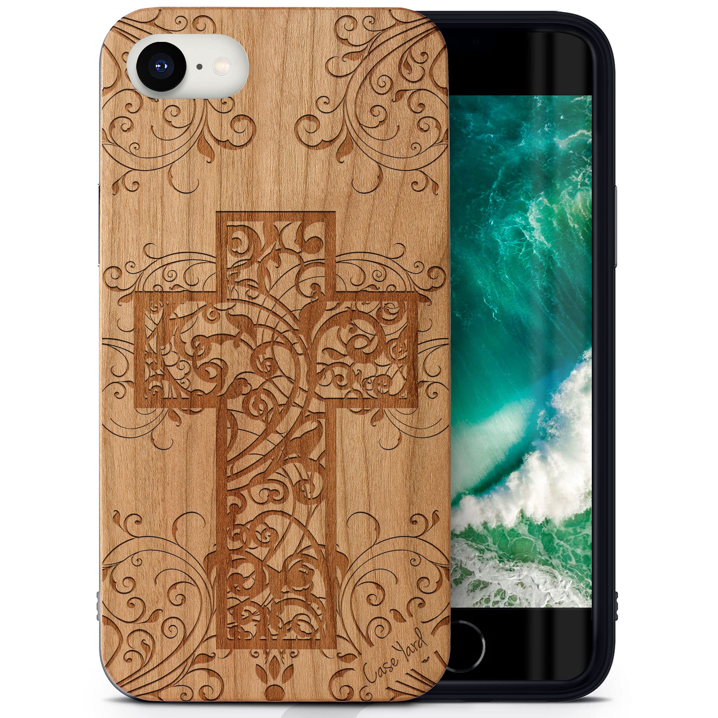 CaseYard Wood Phone Case for iPhone SE - Laser Engraved Cross Floral Design Cherry Wood Cover | Shockproof Slim Fit Protective Case for Men & Women | Perfect for Daily Use, Travel & Gift Giving