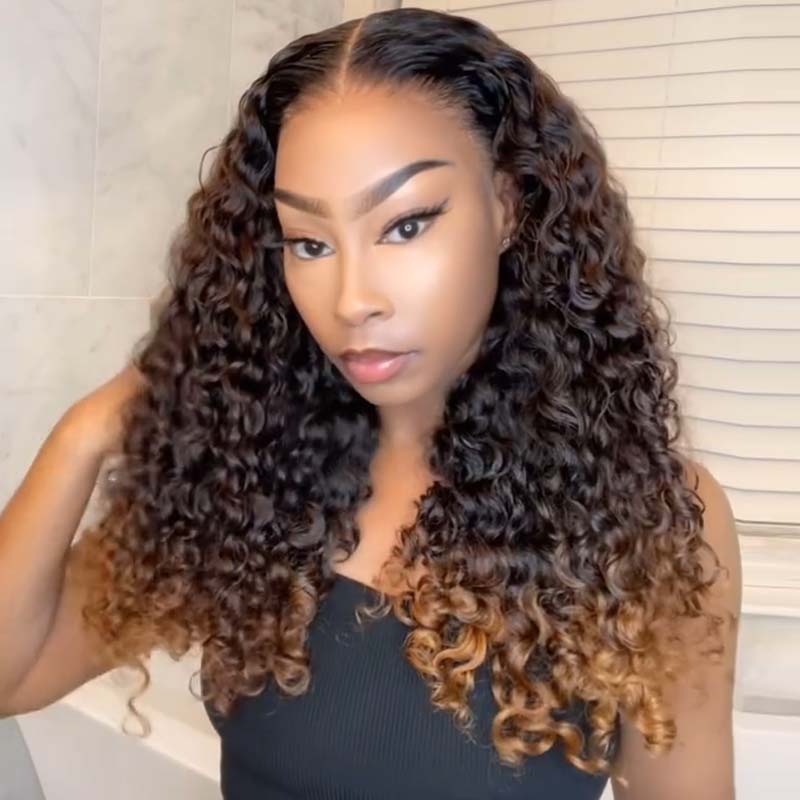 Eullair Fashionable Glueless Ombre Brown to Honey Blonde Curly Lace Front Wig with Dark Roots - 100% Human Hair for Women (EW008) | Perfect for Daily Wear, Parties & Special Occasions