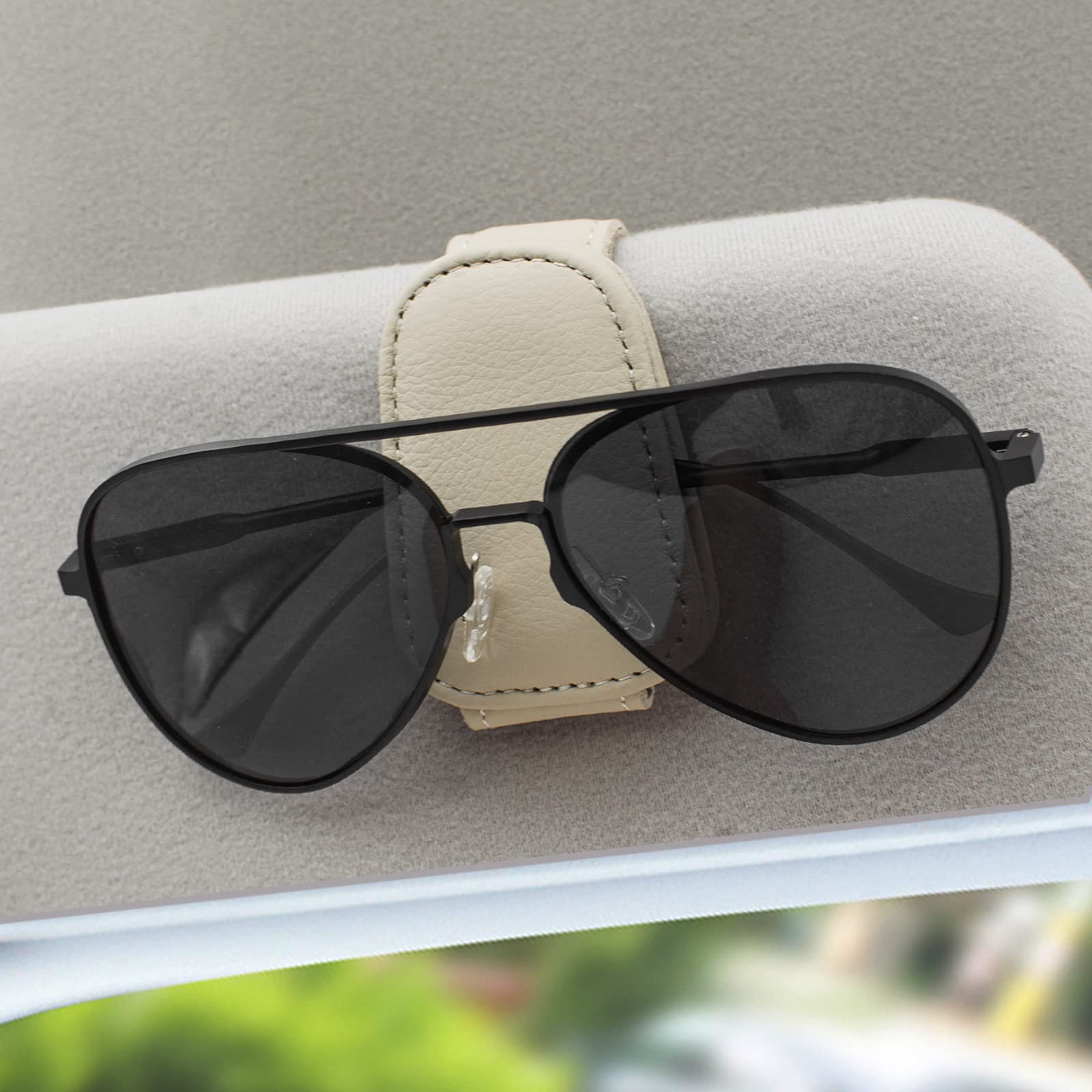 Magnetic Leather Sunglass Holder for Car Visor - Beige Car Interior Accessories | Eyeglass Hanger & Organizer for Sunglasses Storage | Perfect for Road Trips, Commuting & Daily Driving