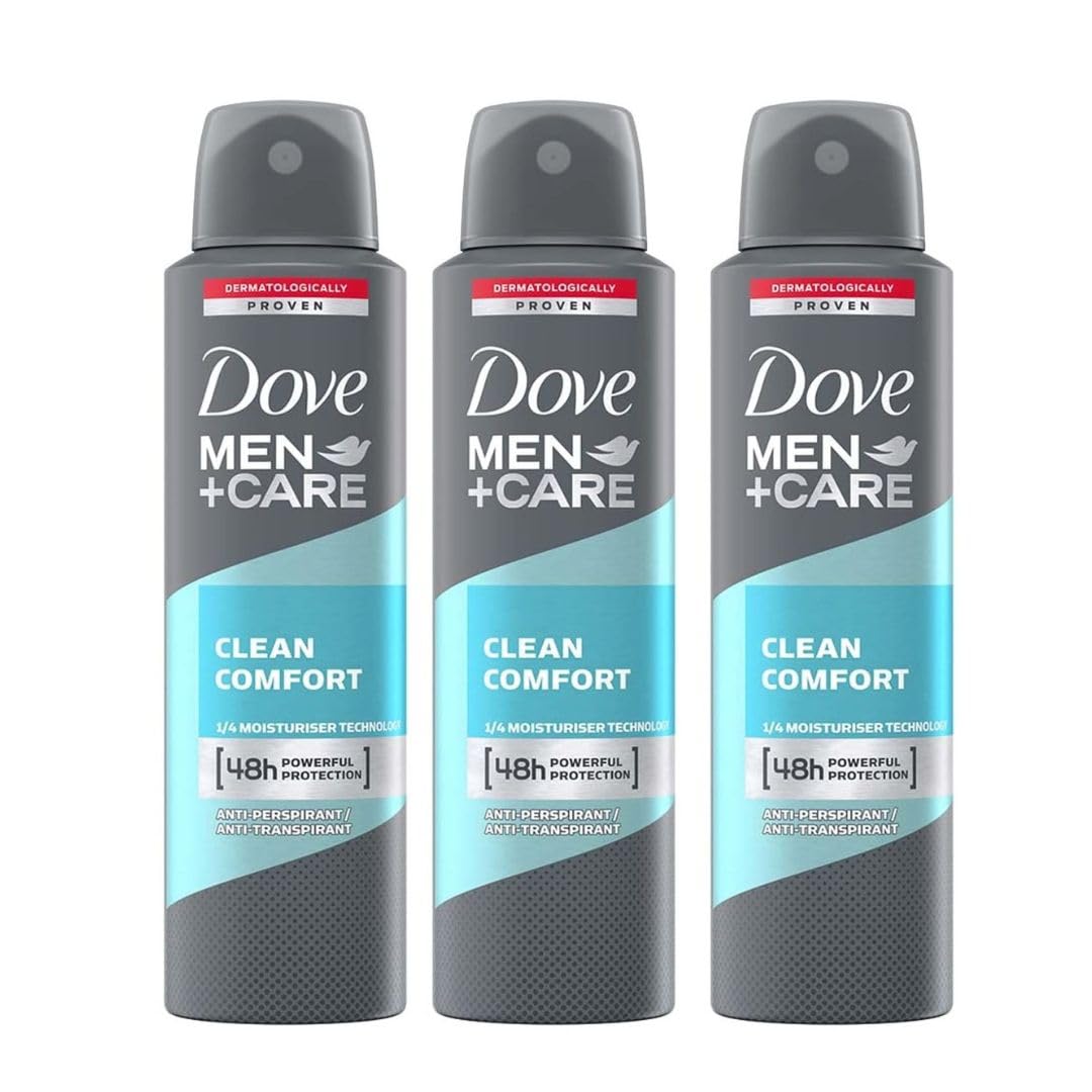 Dove Men+Care Antiperspirant Dry Spray Deodorant for Men - 48 Hour Sweat & Odor Protection, Clean Comfort Scent, 3.8 oz (3-Pack) | Fresh All Day for Workouts, Office & Daily Activities