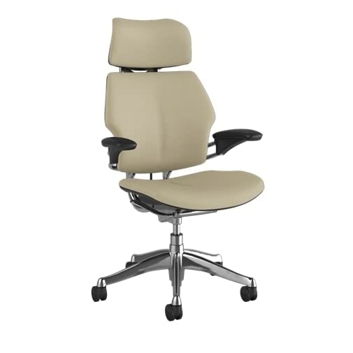 Humanscale Freedom Ergonomic Office Chair with Headrest - Adjustable Height & Duron Arms - Hard Floor Wheels - Polished Aluminum Frame & Mineral Corvara Leather - Perfect for Home Office, Executive Workspace & Long Working Hours