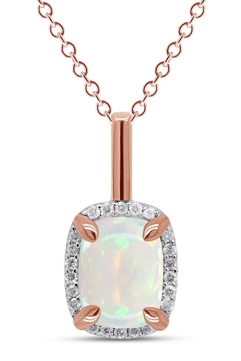 GEMVIO 1.25CT Cushion Cut Natural White Opal & Diamond Halo Pendant Necklace - 10K/14K/18K Solid Gold Women's Jewelry Gift with 18