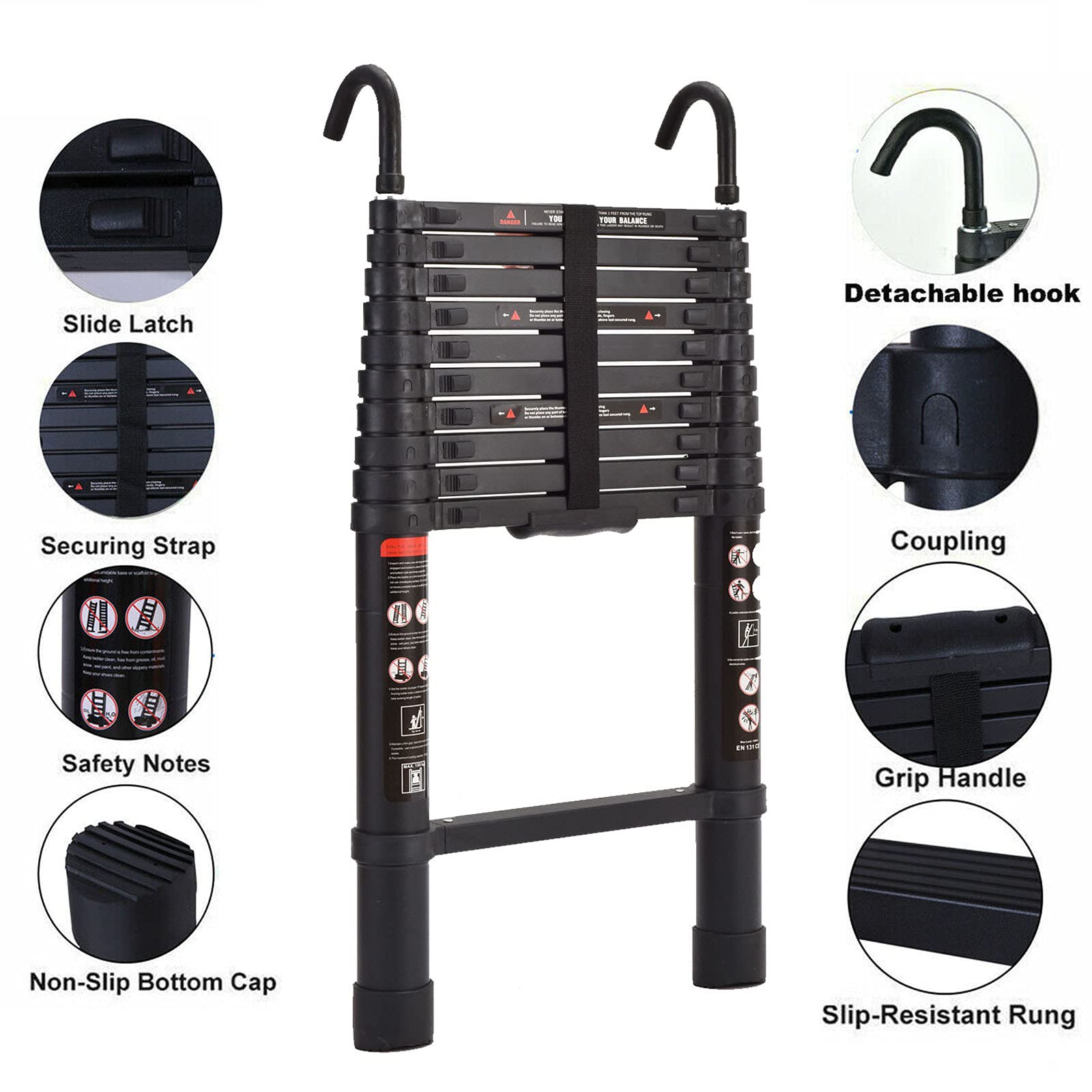 10.5FT Aluminum Telescoping Extension Ladder - Heavy Duty 330lb Capacity, Portable Folding Ladder with Detachable Hooks & Anti-Slip Rubber Feet (EN131 Certified) - Perfect for Home Repairs, Roofing, Painting and Construction Work