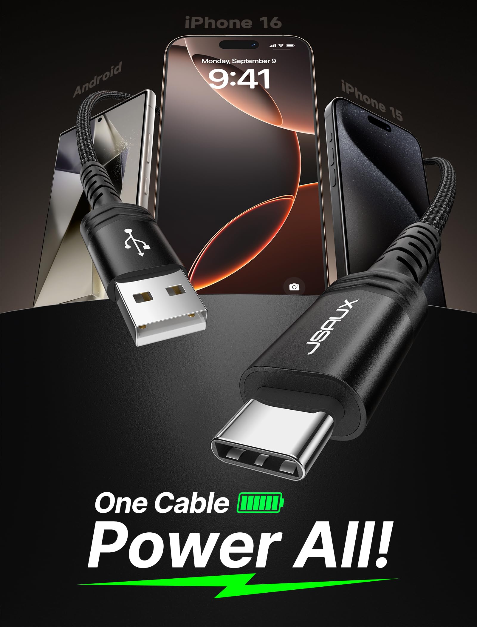 JSAUX USB C to USB A Cable 2-Pack 10ft, Fast Charging 3.1A Cord Compatible with iPhone 16/16 Plus/16 Pro/16 Pro Max/15 Series, Samsung Galaxy S20/S10/S9, Note 20/10, CarPlay - Black | Perfect for Home, Office & Car Charging