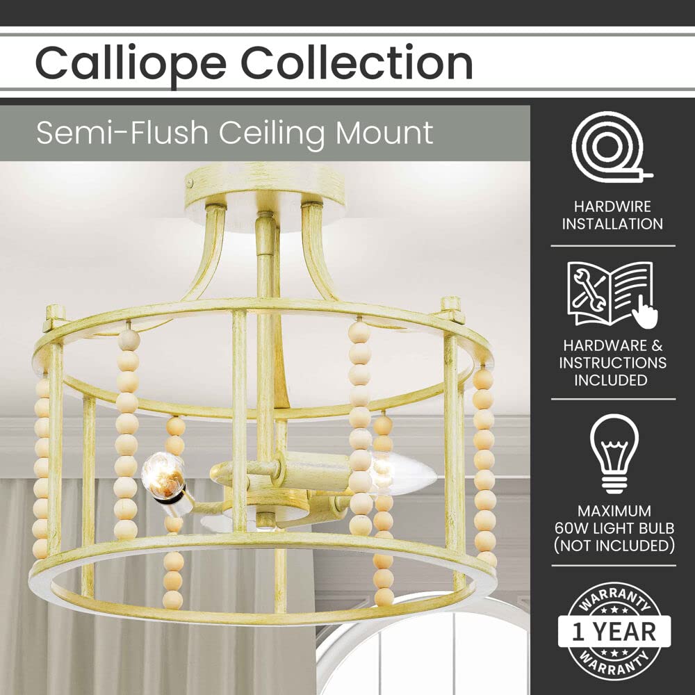 Hanover Calliope Natural Wood Bead Semi-Flush Mount Ceiling Light Fixture - Antique Cream Finish - 3-Light Hardwired Chandelier for Bedroom, Living Room, Dining Room, Kitchen & Hallway | Perfect for Farmhouse, Boho & Rustic Home Decor