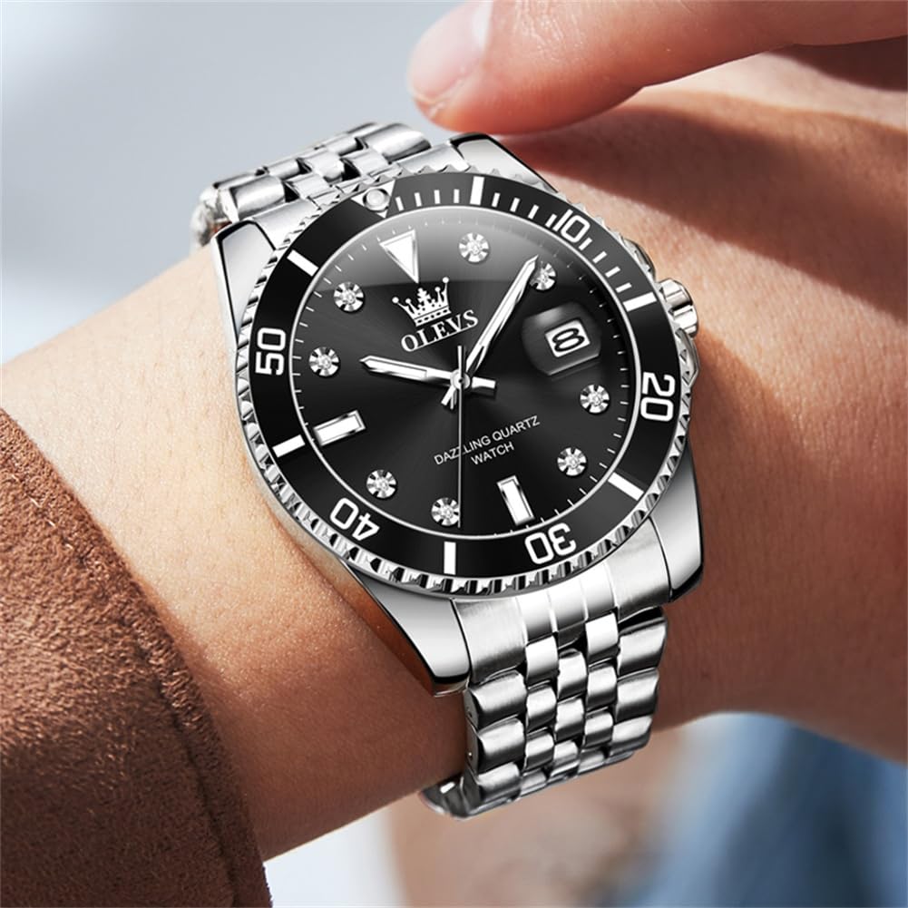 Premium OLEVS Men's Stainless Steel Business Watch - Diamond Accent Large Dial, Date Display & Waterproof - Ideal for Office Wear, Formal Events & Daily Use