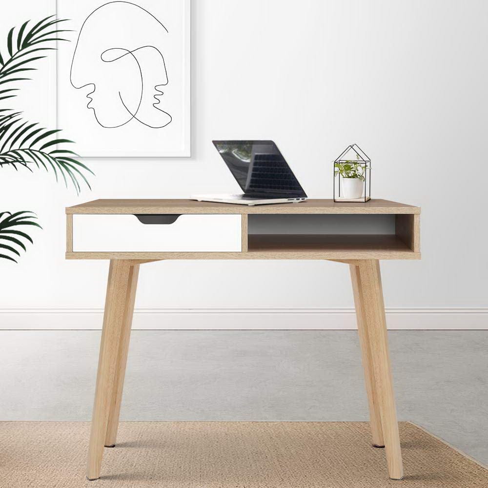 Modern Two-Drawer Wooden Computer Desk for Home Office - Compact Writing Workstation with Storage for Small Spaces