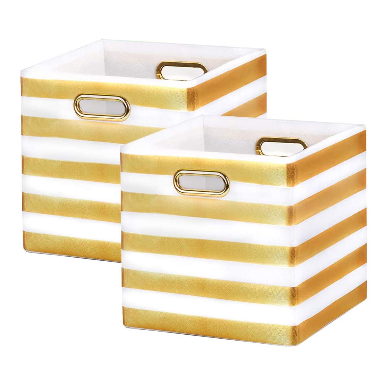 BAIST Large Collapsible Storage Bins 13 Inch - 2 Pack Woven Cube Organizer Baskets with Handles for Closet, Kitchen, Bathroom, Office, Kids Room & Toy Storage (Gold White Stripe) - Space Saving Home Organization Solution