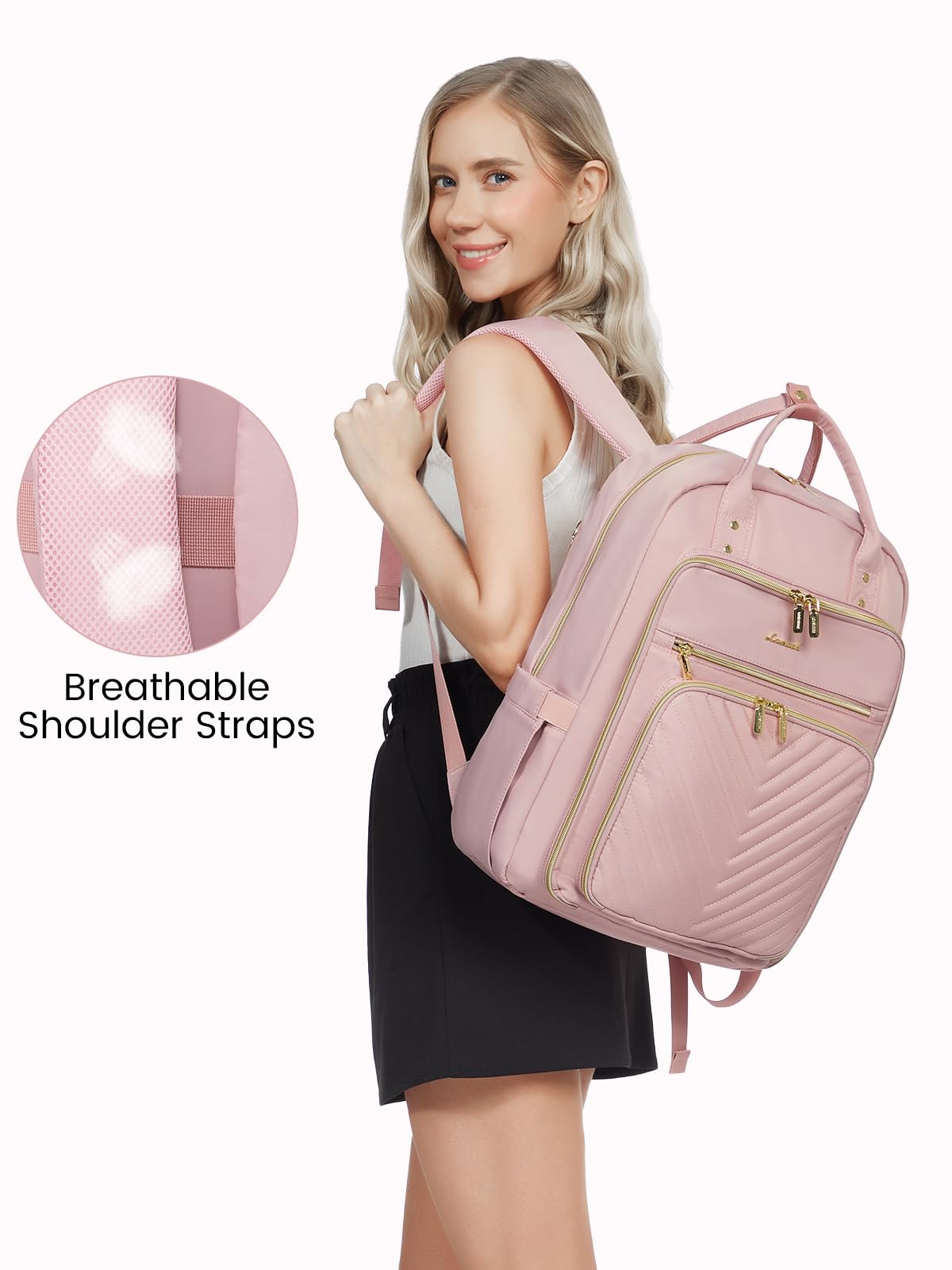 LOVEVOOK 15.6 Inch Laptop Backpack for Women - USB Charging Port, Waterproof Work Backpack, Teacher School Bag, Travel Daypack - Perfect for Office, College, Commuting & Business Trips (Pink)