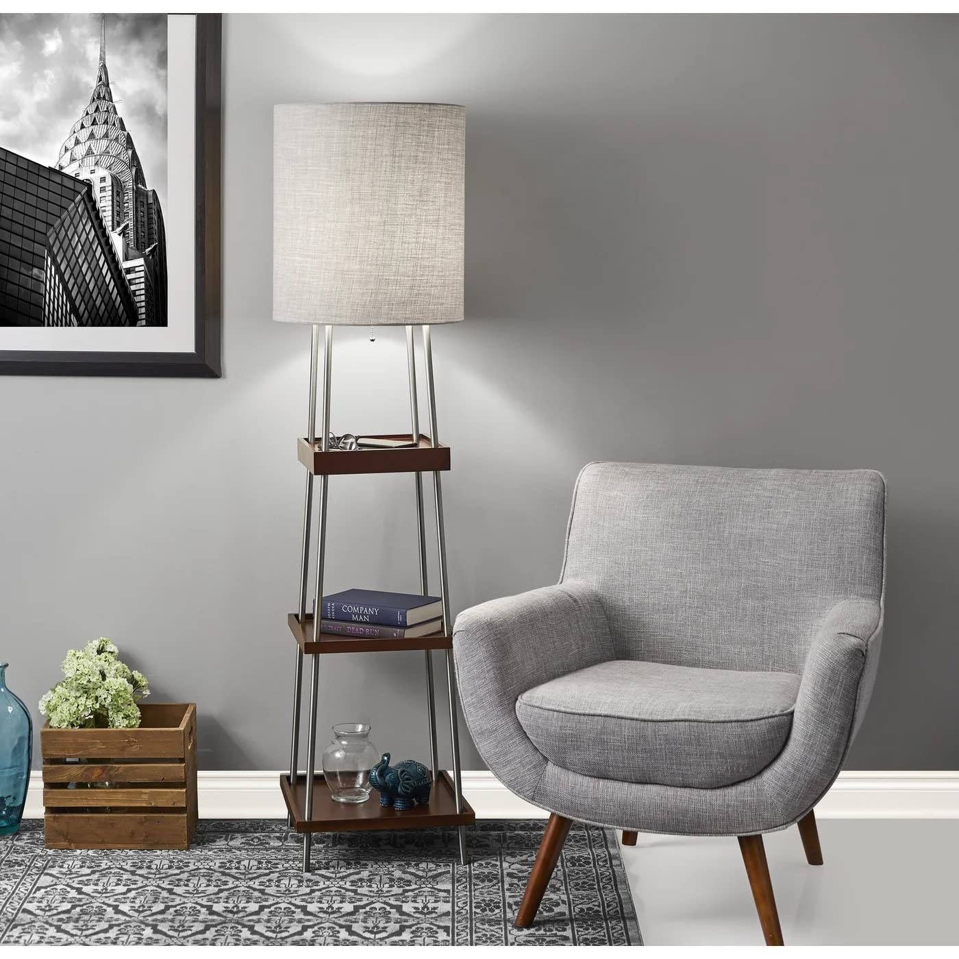 Adesso 3459-15 Henry Shelf Floor Lamp with Wireless Charging - 7W LED, 5W Qi Charger & USB Port - Modern Standing Lamp for Living Room, Bedroom & Office Lighting