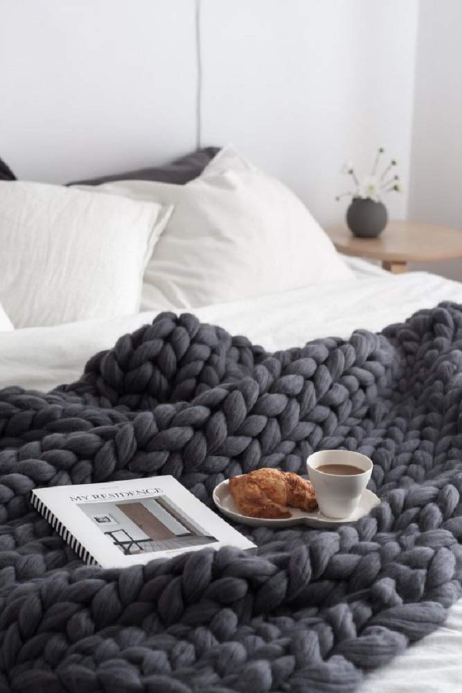 Clootess Chunky Knit Blanket - Handmade Merino Wool Throw for Cozy Boho Bedroom Decor - Oversized 87x87 Dark Gray Blanket - Perfect for Sofa, Bed, and Winter Snuggling