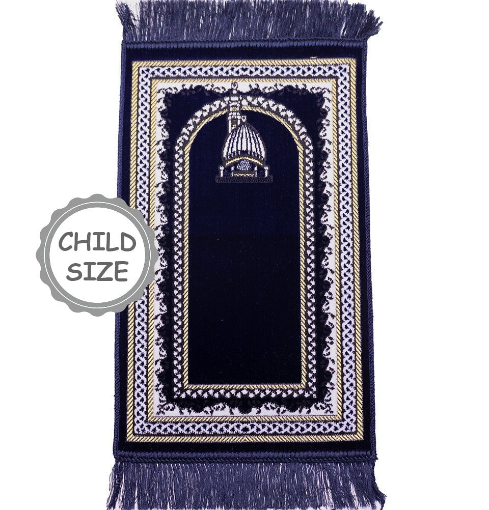 Premium Child Velvet Islamic Prayer Rug - Mosque Dome MSQ1 Navy Blue - Perfect for Kids' Salah, Home Prayer & Mosque Use