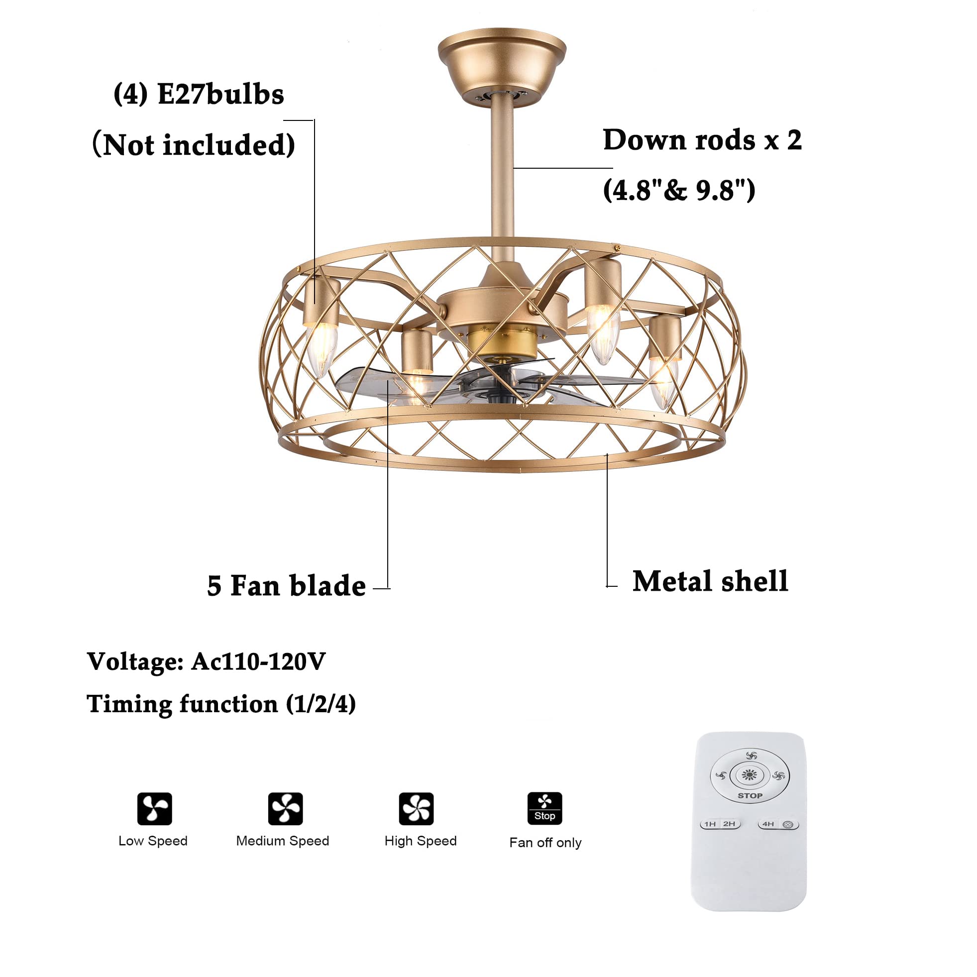 20 Inch Gold Industrial Metal Cage Ceiling Fan with Remote Control & Lights - Rustic Style for Living Room, Bedroom, and Office Spaces
