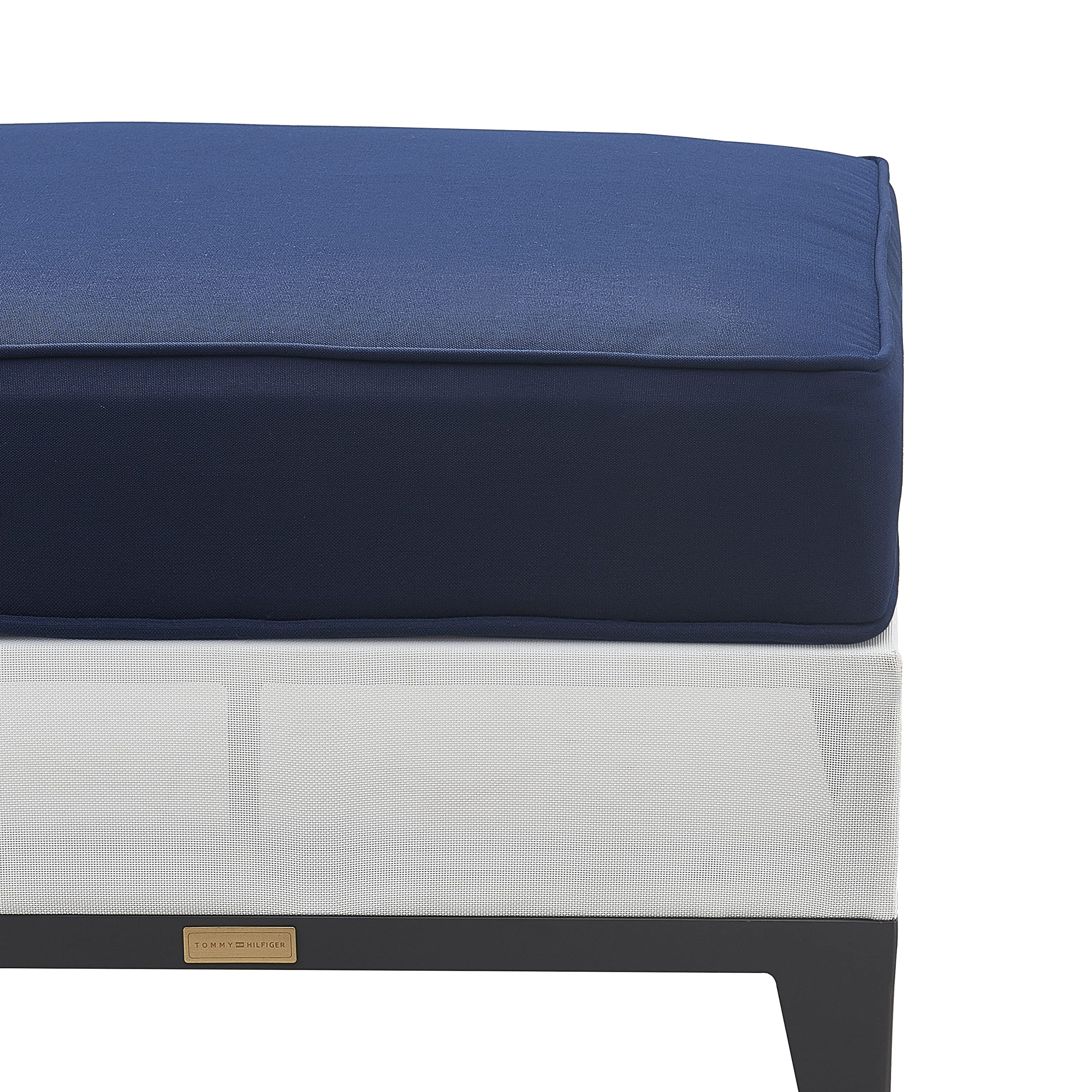 Tommy Hilfiger Hampton Modern White Mesh Outdoor Patio Furniture Set with Gunmetal Frame & Ottoman - White & Navy Stripe - Perfect for Poolside, Garden, and Backyard Relaxation
