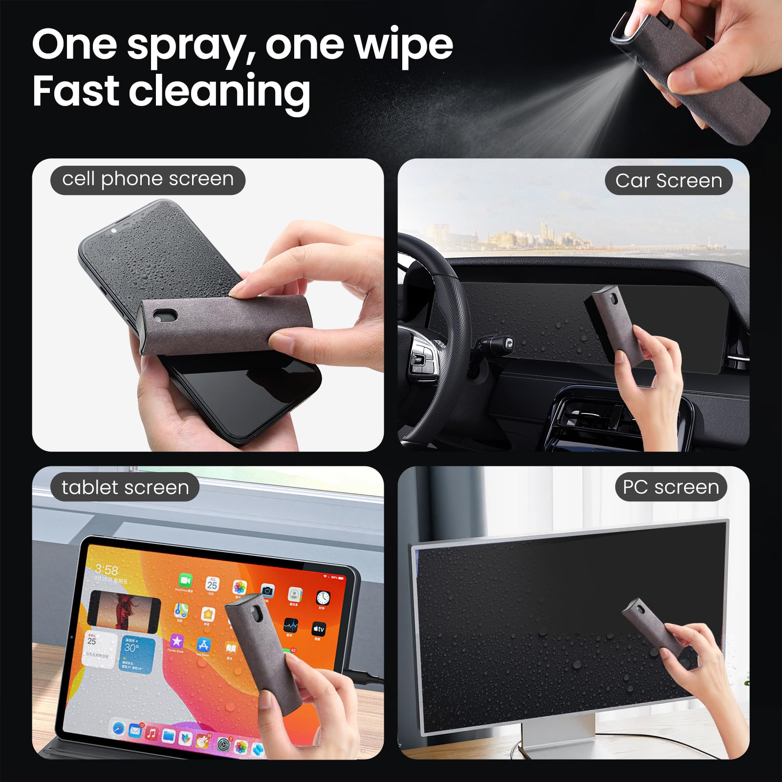 2-Pack Screen Cleaner Kit - 3-in-1 Touchscreen Cleaning Spray with Microfiber Cloth for Phone, Laptop, Tablet, TV, Monitor & Car Screens (Grey) | Safe for All Devices, Streak-Free Shine, Perfect for Home, Office & Travel Use