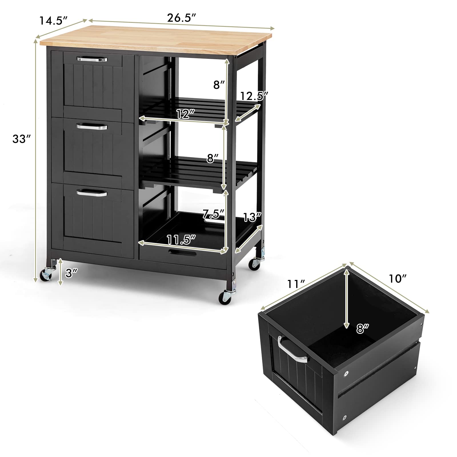 COSTWAY Kitchen Cart with Wheels, 3 Drawers & Shelves for Dining, Living Room & Bedroom Storage