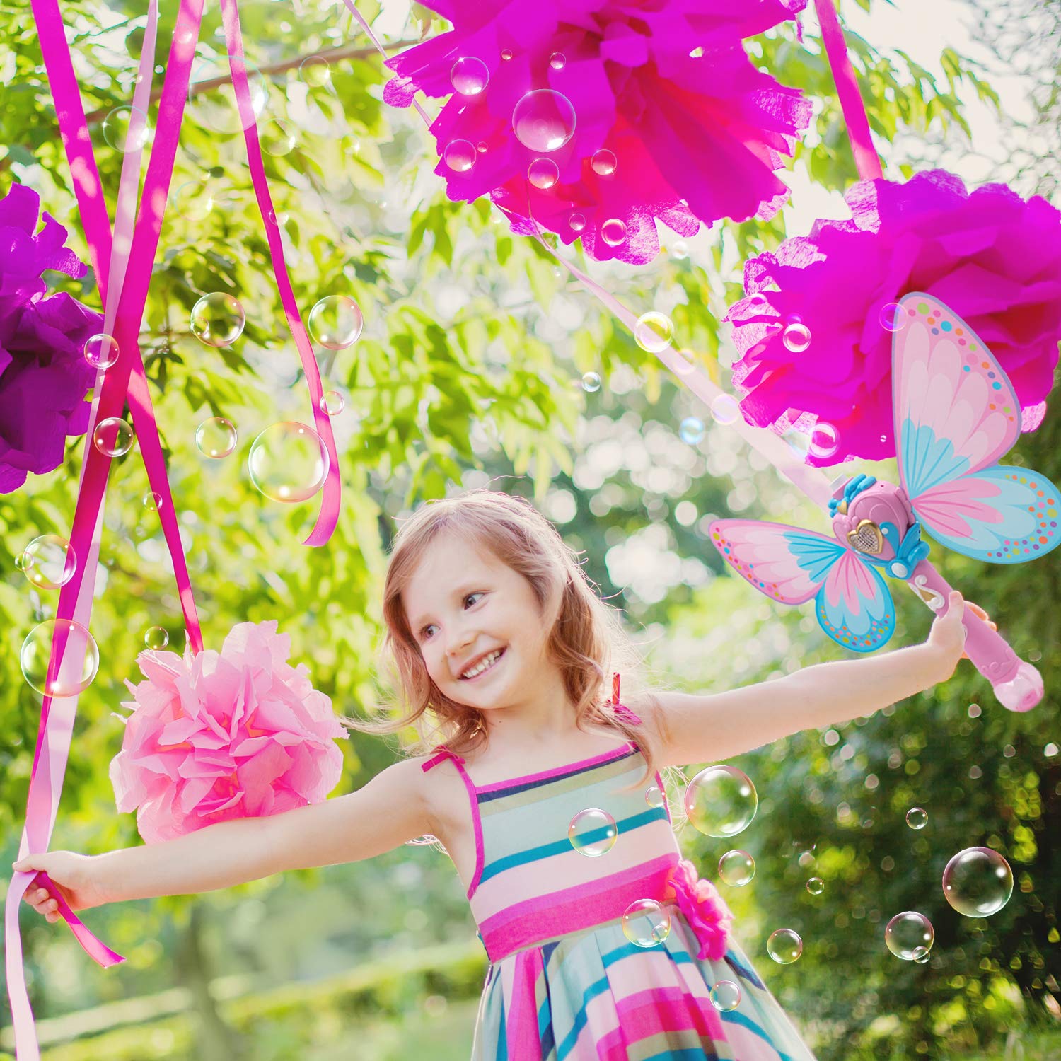 Pink Crefun SB9321 Musical Light Up Bubble Blaster - Safe Durable Handheld Bubble Machine with 2 Bubble Solutions | Bubble Wand Party Favors for Girls Birthday, Outdoor Play, Summer Activities & Kids Party Games
