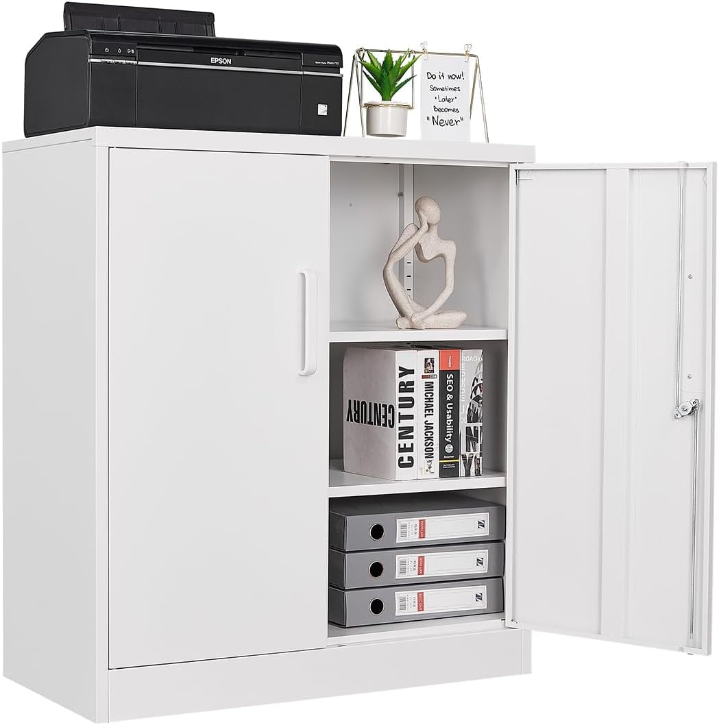 Lockable Metal Storage Cabinet with 2 Adjustable Shelves - White Steel Office Cabinet for Home, Office, Garage & Hallway | Secure Tool Storage & Counter Organization Solution
