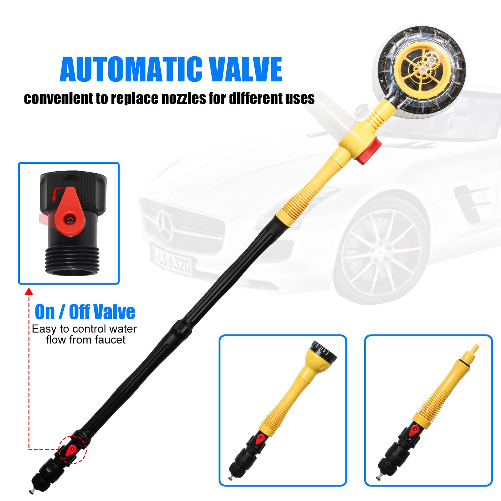 Rotating Car Wash Brush with Long Handle - Auto Foaming Car Wash Kit, Pressure Washer Gun & Hose Nozzle for Cars, Trucks, Pets, Yards & Gardens | Perfect for Home Car Washing, Driveway Cleaning & Pet Grooming
