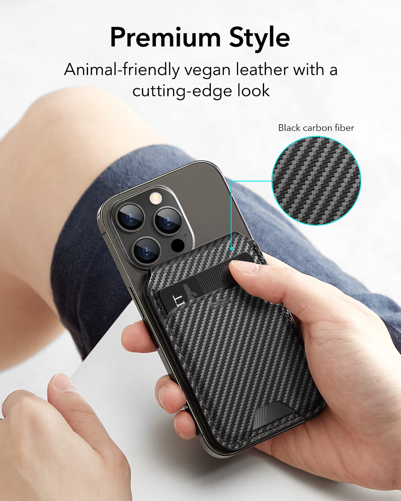 ESR MagSafe Wallet (HaloLock) - Magnetic Card Holder with Adjustable Stand for iPhone 16/15/14/13/12 Series (Not for iPhone 13/12 Mini) - 3 Card Slots, Vegan Leather & Carbon Fiber - Perfect for Daily Commute, Travel, and Hands-Free Viewing