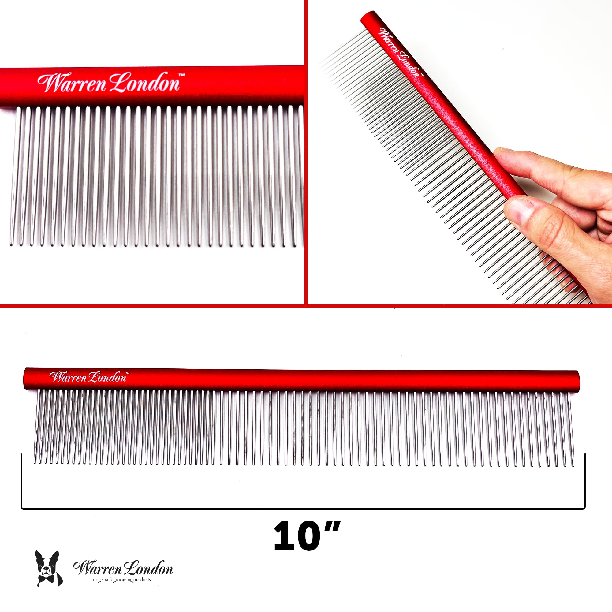 Warren London Detangling Comb for Dogs - 10 Inch Pet Grooming Brush for Small, Medium & Large Dogs | Ergonomic Design for Comfort & Durability | Deshedding Tool for Cats & Dogs | Perfect for Home Grooming & Professional Pet Care