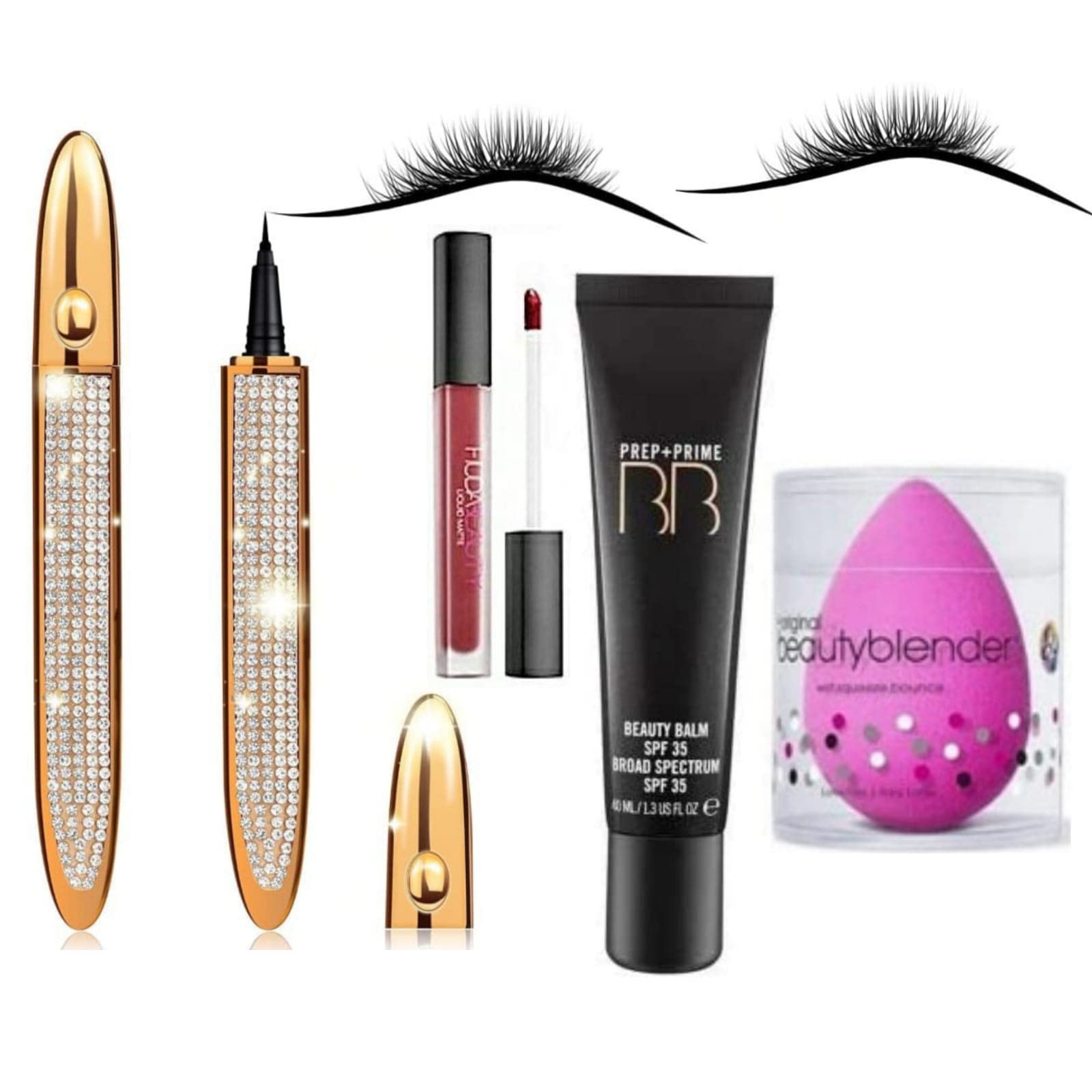 GLOMIC Professional Glue Eyeliner & Liquid Matte Lipstick Set - BB Beauty Balm Foundation & Beauty Blender with Lashes (5-Piece Combo) for Flawless Makeup & Long-Lasting Beauty