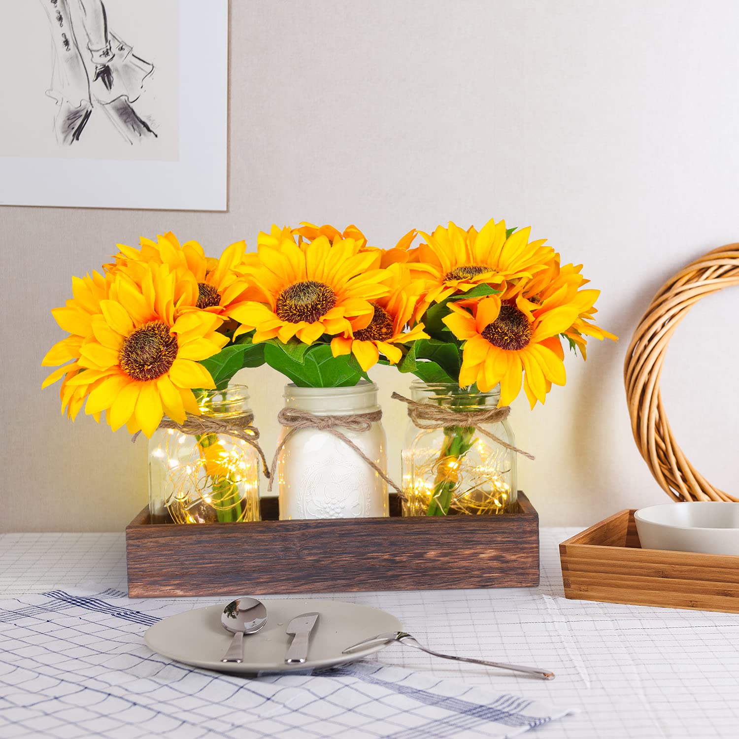 Fowecelt Mason Jar Lights with Wood Tray - 3 Jars Sunflower Farmhouse Table Centerpiece for Dining Room, Living Room, Kitchen Decor | Perfect for Wedding, Party, Coffee Shop & Home Decoration