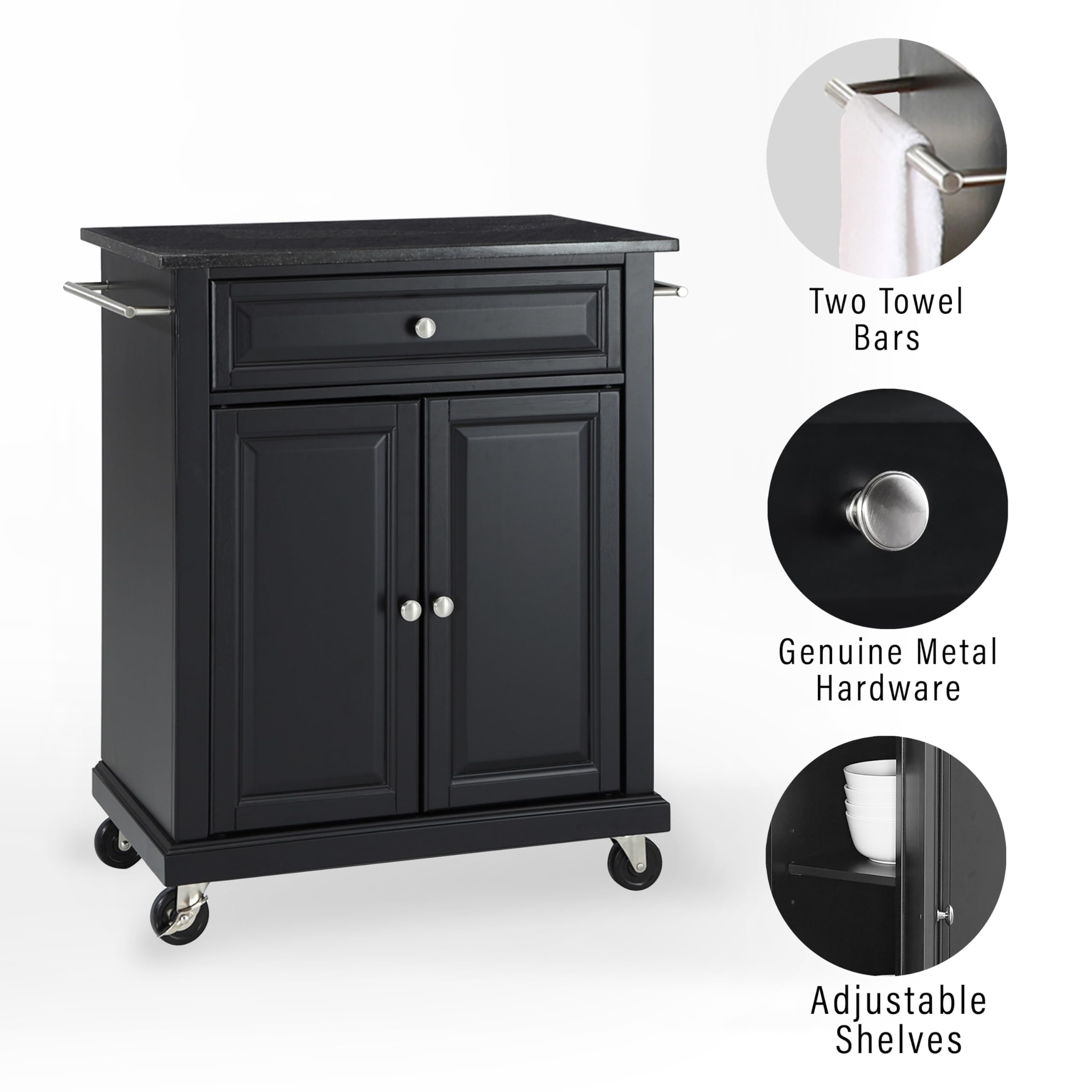 Crosley Compact Granite Top Rolling Cart with Shelves - Microwave Stand, Towel Rack, Small Kitchen Cart for Apartments - Black | Perfect for Small Spaces, Dorm Rooms & Kitchen Organization