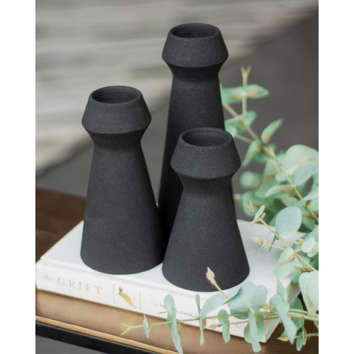 Renwil Granfeld Modern Iron Metal Decorative Vase in Black (Set of 3) - Elegant Home Decor for Living Room, Dining Table & Office Desk Centerpiece