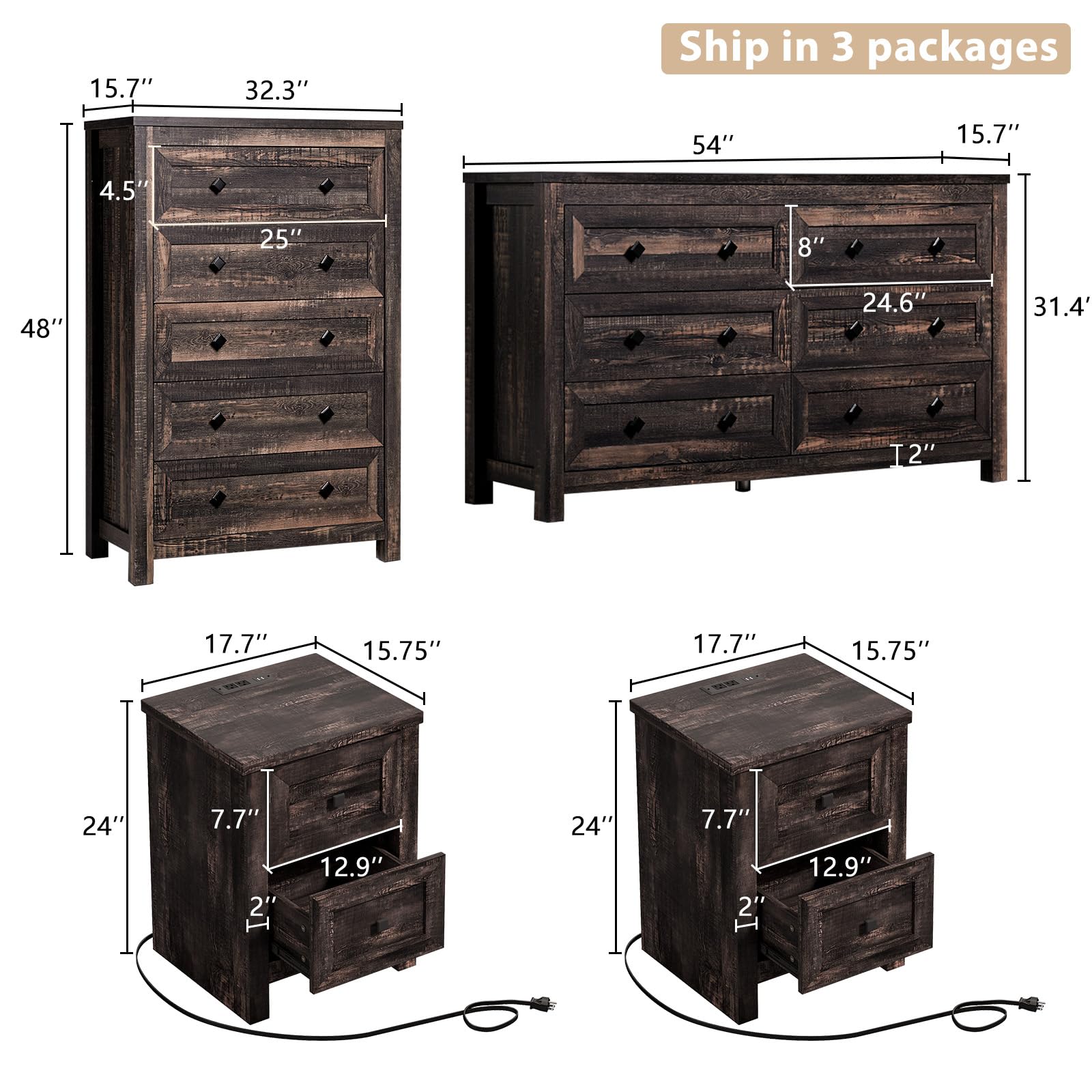 4-Piece Farmhouse Bedroom Furniture Set - Rustic Oak Wood Dresser (6-Drawer & 5-Drawer) with 2 Nightstands (Charging Station) - Dark Brown Farmhouse Style Bedroom Decor for Master Bedroom, Guest Room & Cozy Cabin Retreat