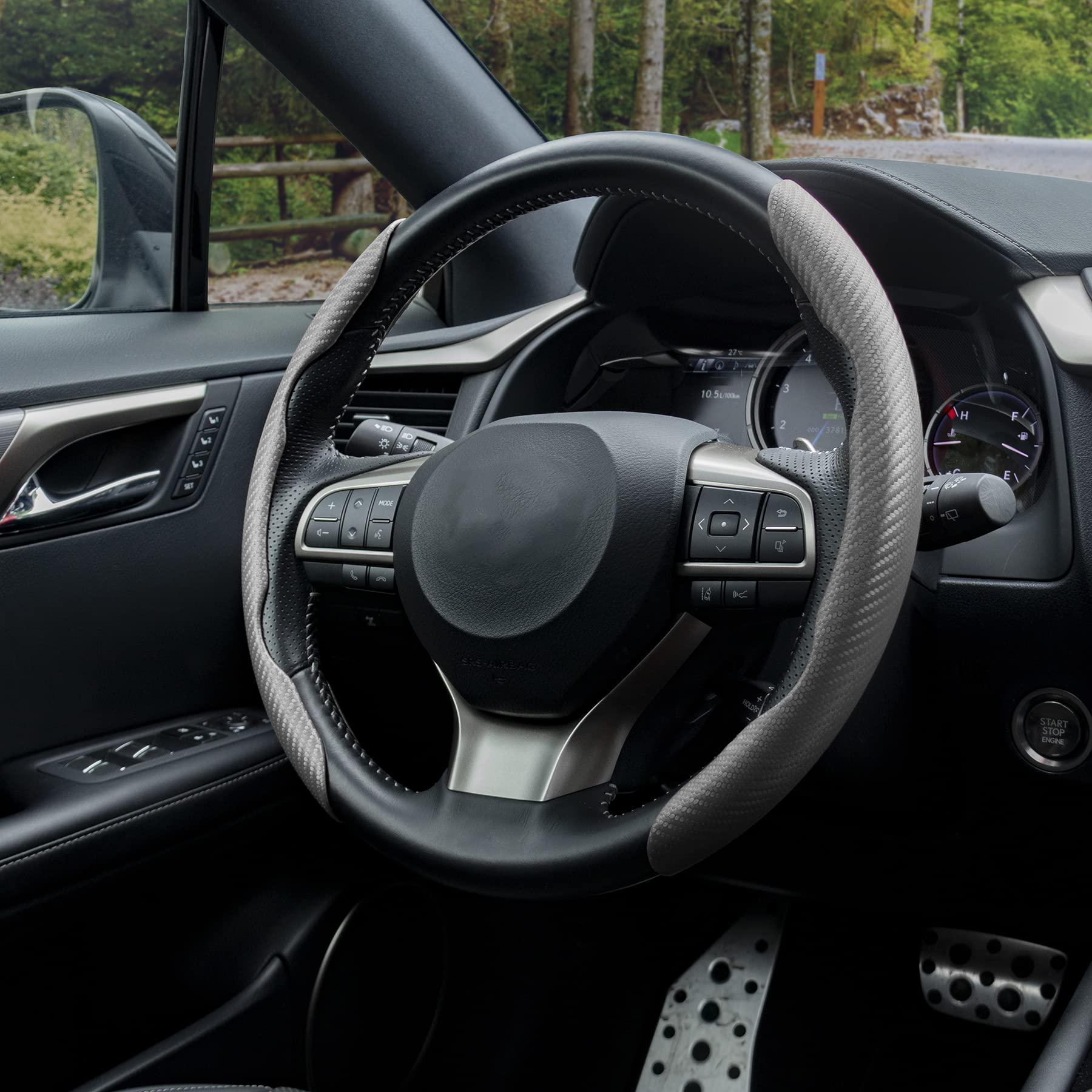 Premium Carbon Fiber Anti-Slip Steering Wheel Cover - Universal Fit for Most Cars - Non-Slip Grip & Scratch Protection - Grey Interior Accessory (Perfect for Daily Commute & Road Trips)