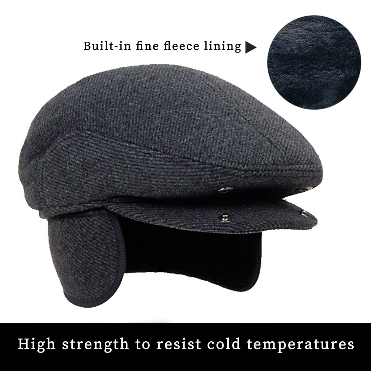 Men's Winter Warm Adjustable Beret Flat Cap - Newsboy Gatsby Hat for Outdoor Sports, Golf & Casual Wear - Thickened Earflaps for Cold Weather Protection