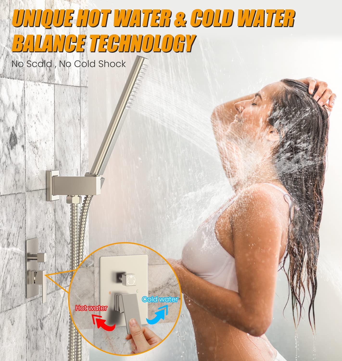 EMBATHER 10 Inch Brushed Nickel Shower System with Tub Spout - High Pressure Rain Shower Head & Handheld Spray - Complete Bathroom Faucet Set with Valve & Trim Kit - Perfect for Master Bath & Spa-Like Shower Experience