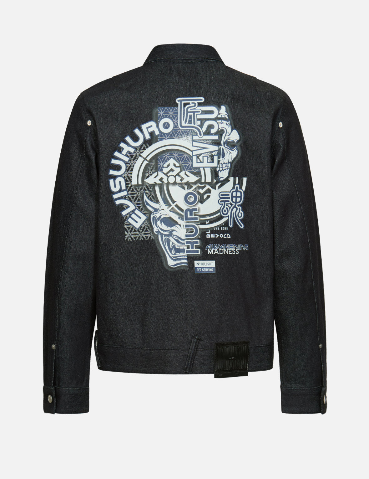 Hannya Mask & Kamon Crest Print Denim Jacket - Japanese Samurai Style Streetwear for Men & Women | Perfect for Casual Outfits, Festivals, and Urban Fashion