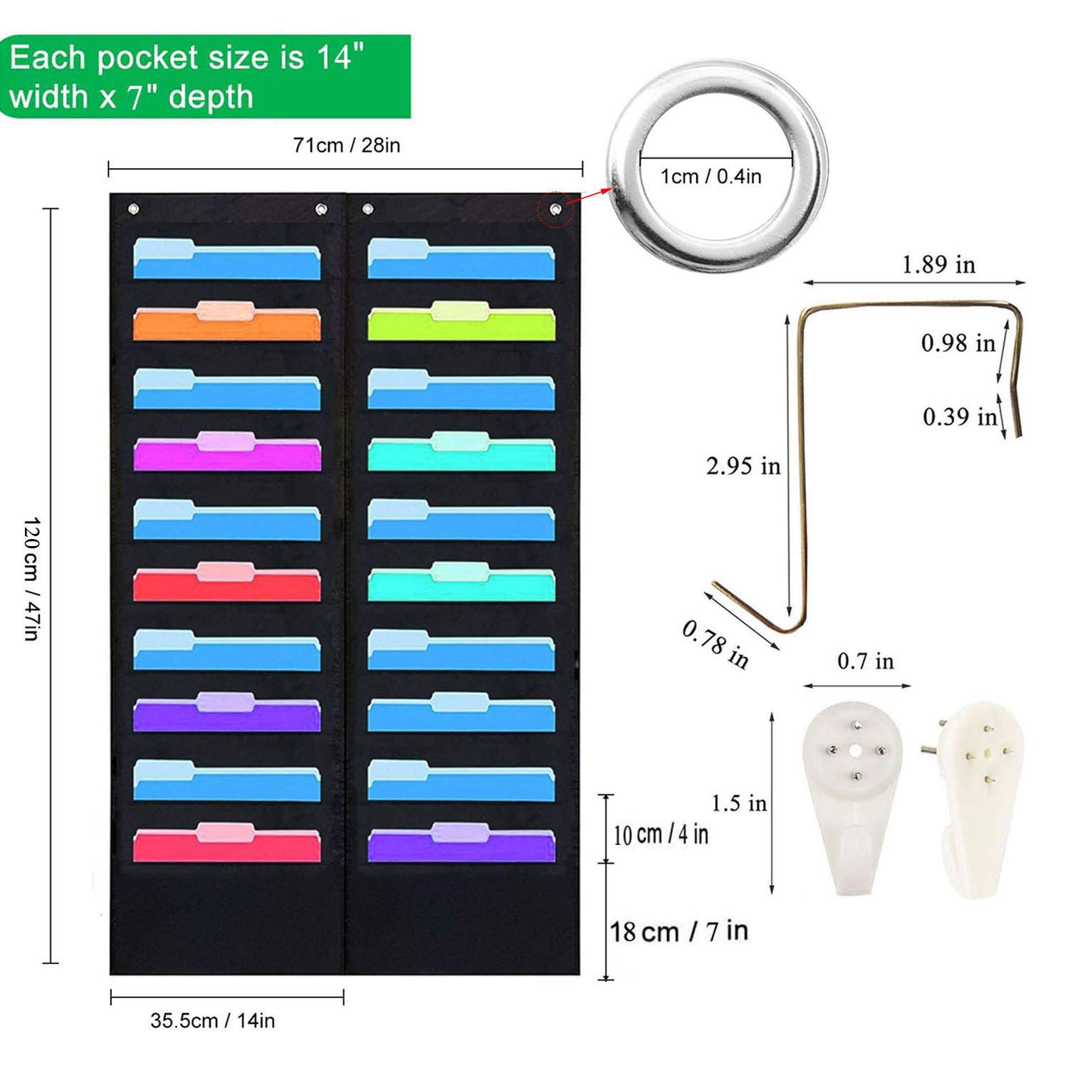 20-Pocket Hanging File Organizer Rack - Wall Mount or Over The Door Storage for Office, Home & Classroom - Perfect for Files, Wrapping Paper, Magazines & Art Supplies with 4 Metal Hooks - Space-Saving Vertical Desktop & Wall Decoration Solution