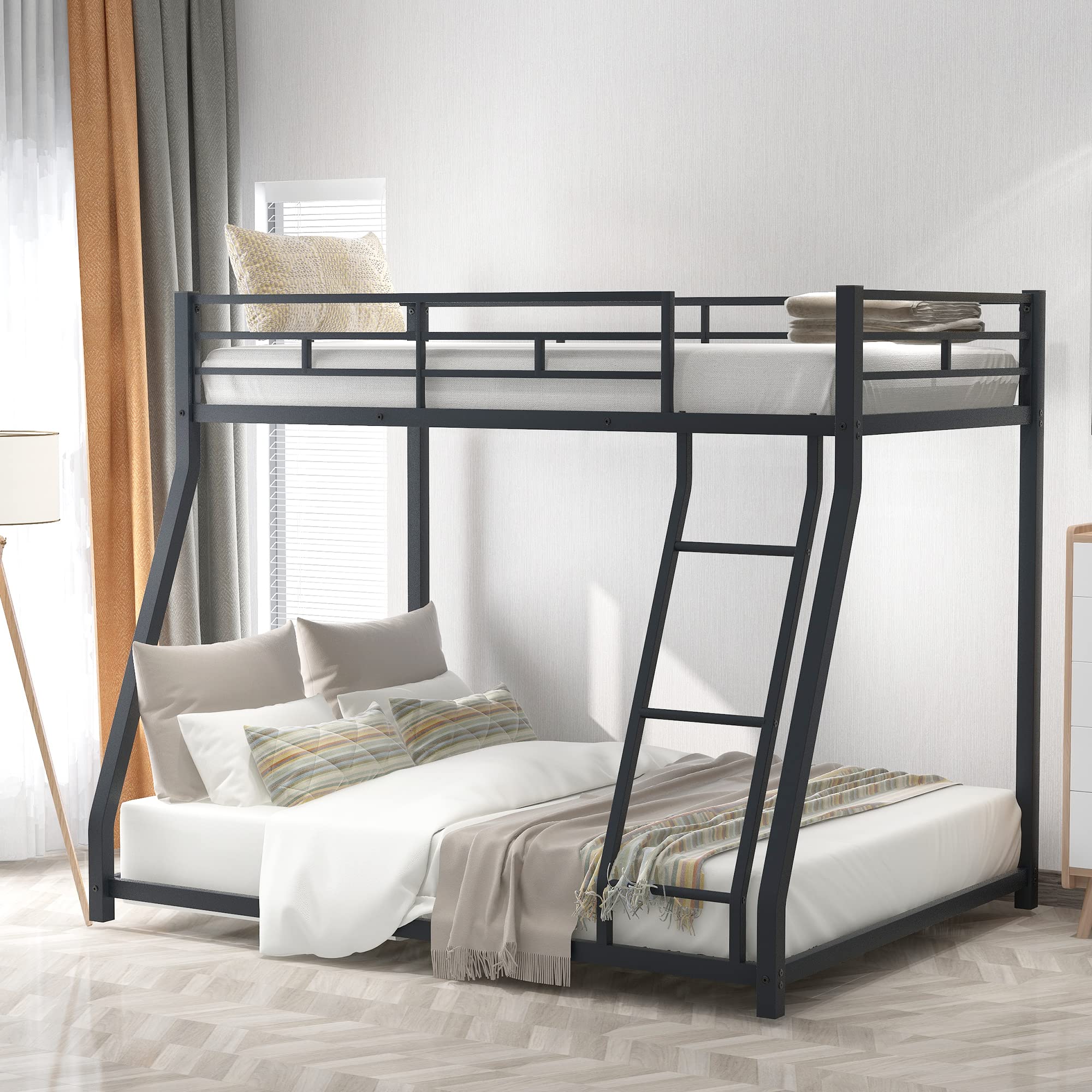Harper & Bright Designs Twin Over Full Metal Bunk Bed Frame with Ladder & Guardrail - Space Saving Low Profile Bunk Bed for Kids Teens Adults - Perfect for Small Bedrooms, Dorms & Guest Rooms (Black)