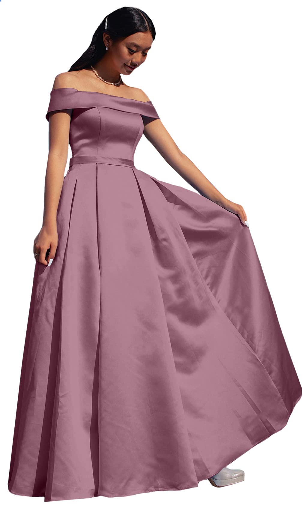 ANGELWARDROBE Women's Prom Dresses Long Off Shoulder Formal Evening Gowns Satin A-Line Party Dress with Slit Pockets - Perfect for Homecoming, Wedding Guest, Cocktail Party & Special Occasions