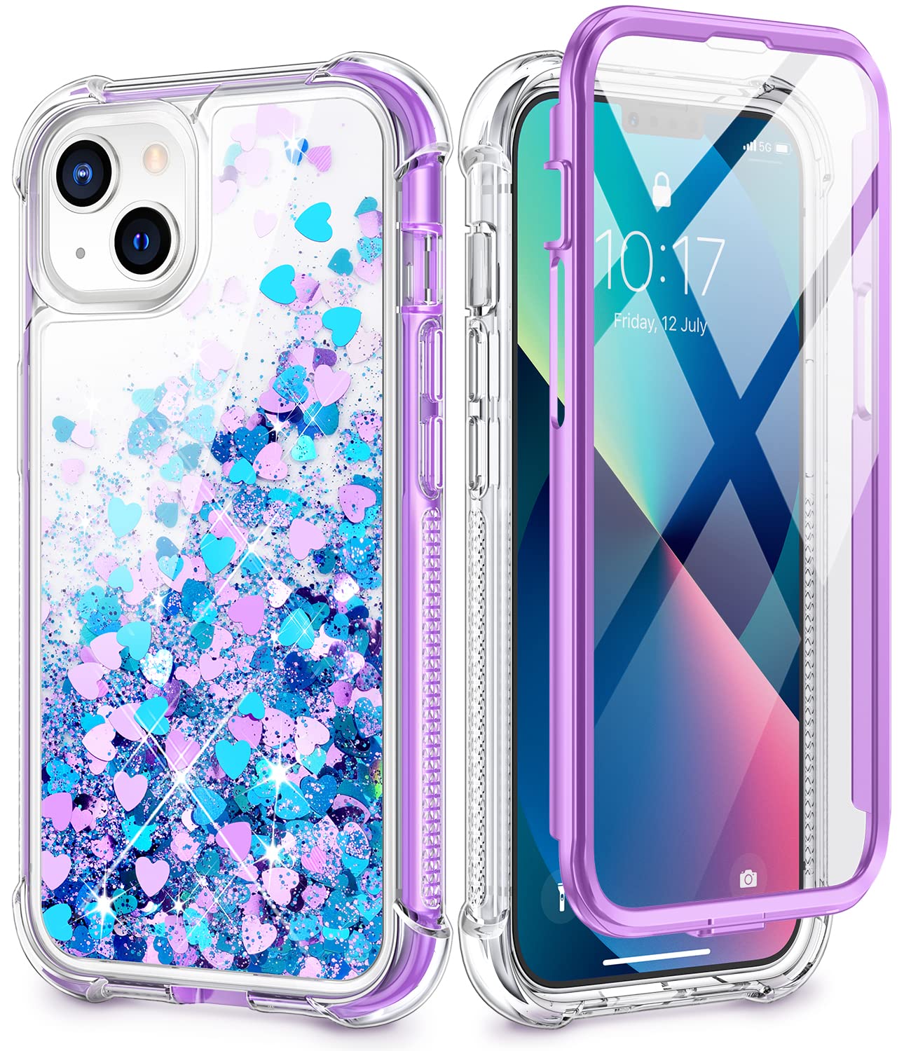 Caka Glitter Liquid Quicksand Shockproof Phone Case for iPhone 13/14 (6.1 inch) - Built-in Screen Protector, Full Body Protection, Blue Purple Gradient - Perfect for Women & Girls | Everyday Use, Work, Travel, and Parties
